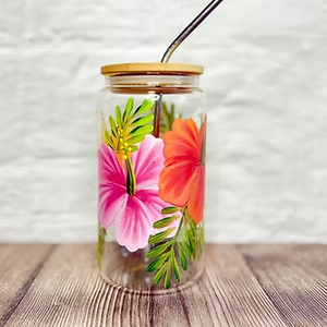 Hand Painted Hibiscus Glass Tumbler