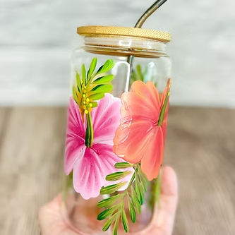 Hand Painted Hibiscus Glass Tumbler