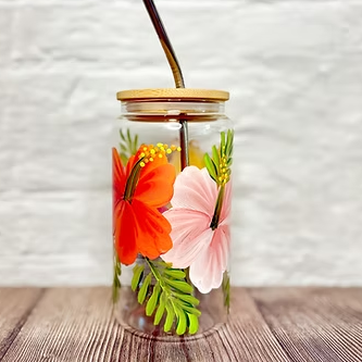 Hand Painted Hibiscus Glass Tumbler