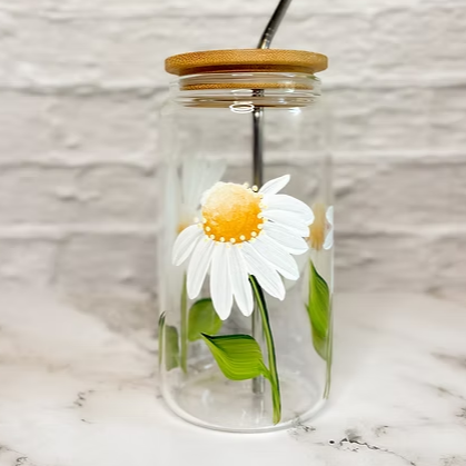 Hand Painted Daisy Glass Tumbler