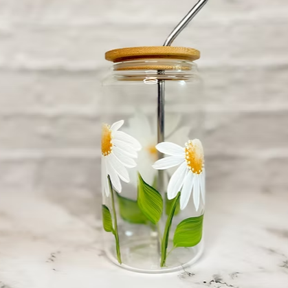 Hand Painted Daisy Glass Tumbler