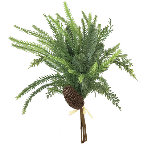 Artificial greenery with a pine cone on a white background