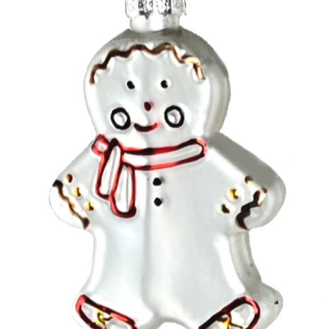Glass gingerbread man ornament with a red scarf on a white background