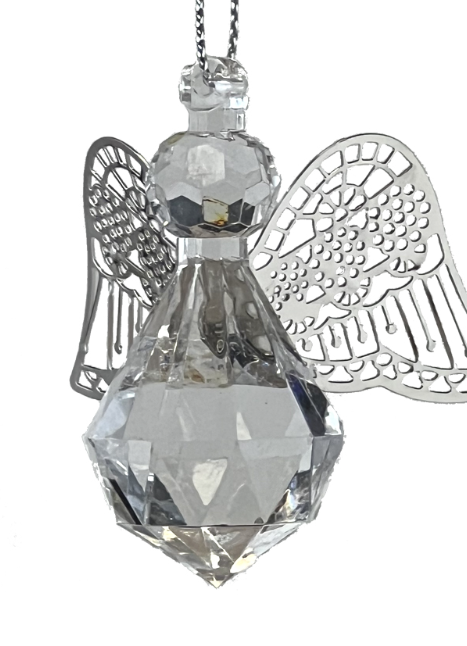 Crystal angel ornament with silver wings on a white background