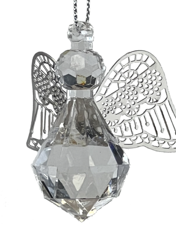 Crystal angel ornament with silver wings on a white background
