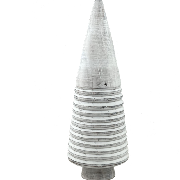 Decorative cone-shaped object with striped pattern on a white background
