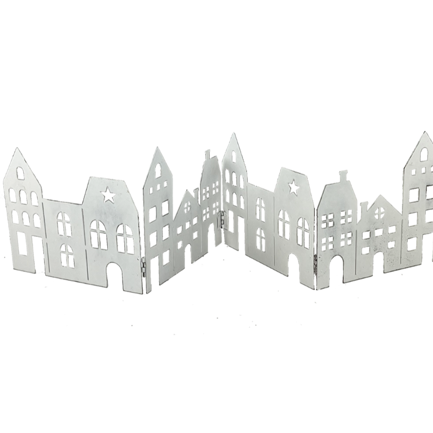 Metallic cityscape sculpture on a white background