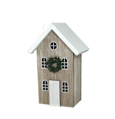 Decorative birdhouse with a wreath on a white background