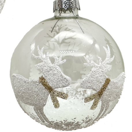 Clear Christmas ornament with reindeer design on a white background