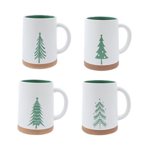 Four white mugs with green tree designs on a white background