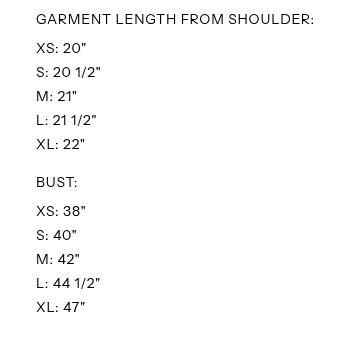 Measurement chart for garment length from shoulder and bust size.