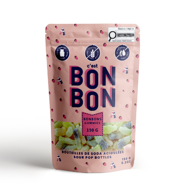 Pink packaging of 'c'est Bon Bon' gummy candy on a white background
