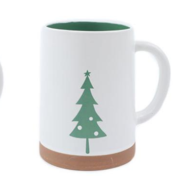 White mug with a green Christmas tree design on a white background
