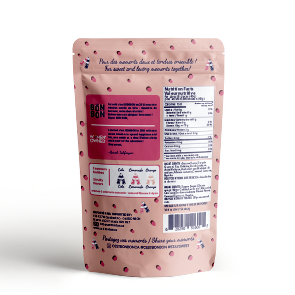 Pink packaging with text and graphics on a white background