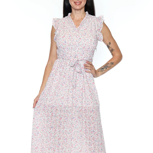 Woman wearing a floral dress on a white background