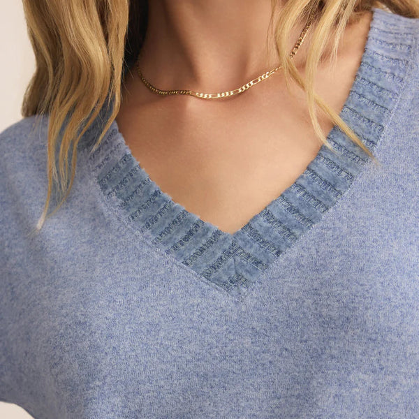 Close-up of a person wearing a blue sweater with a V-neckline and a gold necklace.