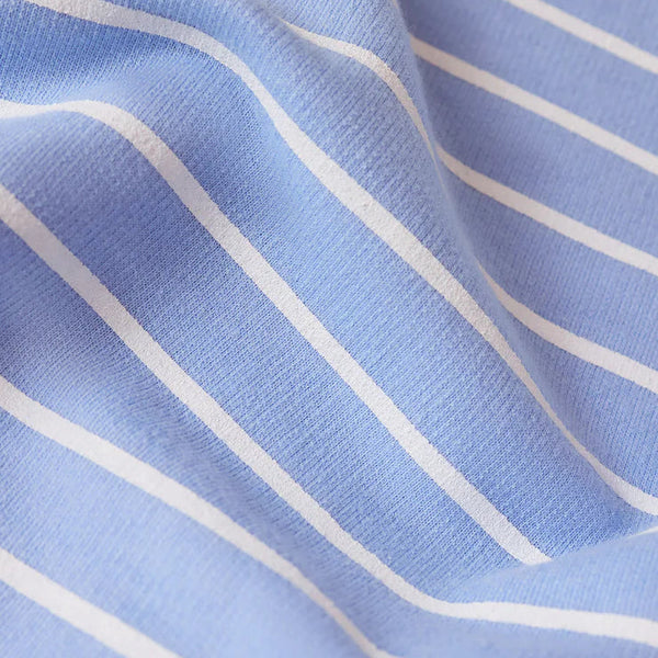 Close-up of blue fabric with white stripes
