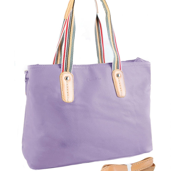 Purple tote bag with colorful handles on a white background