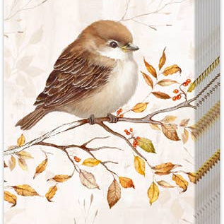 A stack of rectangular paper napkins or table linens with a printed design of a brown and cream bird perched on a branch with autumn leaves, shown against a light neutral background.