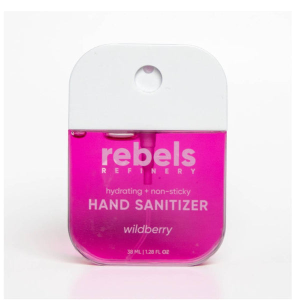 Pink hand sanitizer with 'rebels refinery' branding on a white background