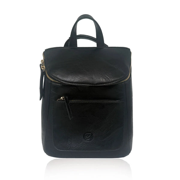 Black leather backpack on a white background