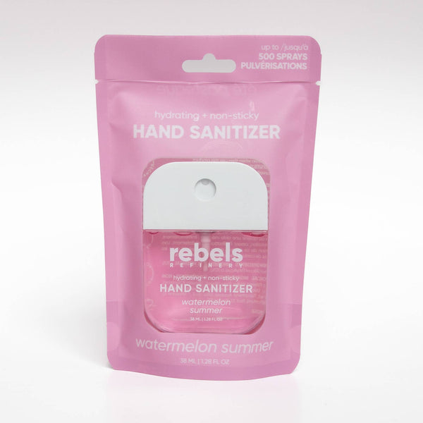 Pink hand sanitizer pouch with 'rebels' branding on a white background