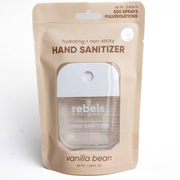 Hand sanitizer packaging with vanilla bean flavor on a white background