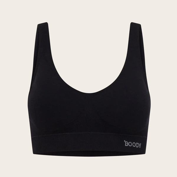 Black sports bra with 'Boody' branding on a beige background
