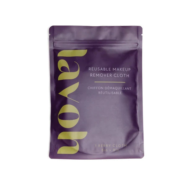 Purple package of reusable makeup remover cloth with 'LAVO' branding on a white background