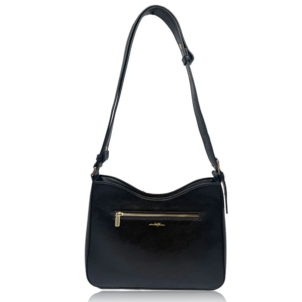 Black handbag with a gold zipper on a white background to show the back style of the brown sutton bag.