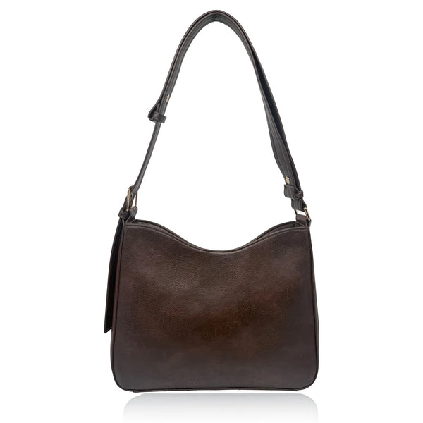 Brown leather handbag with a shoulder strap on a white background